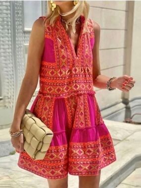 Lace the label Embroidered Tiered Mini Dress In Fuchsia
